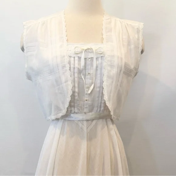 Jodi T Vintage Prairie Peasant White 70s Maxi Gown Long Dress Vest Shrug 2Pc Set - Picture 7 of 11